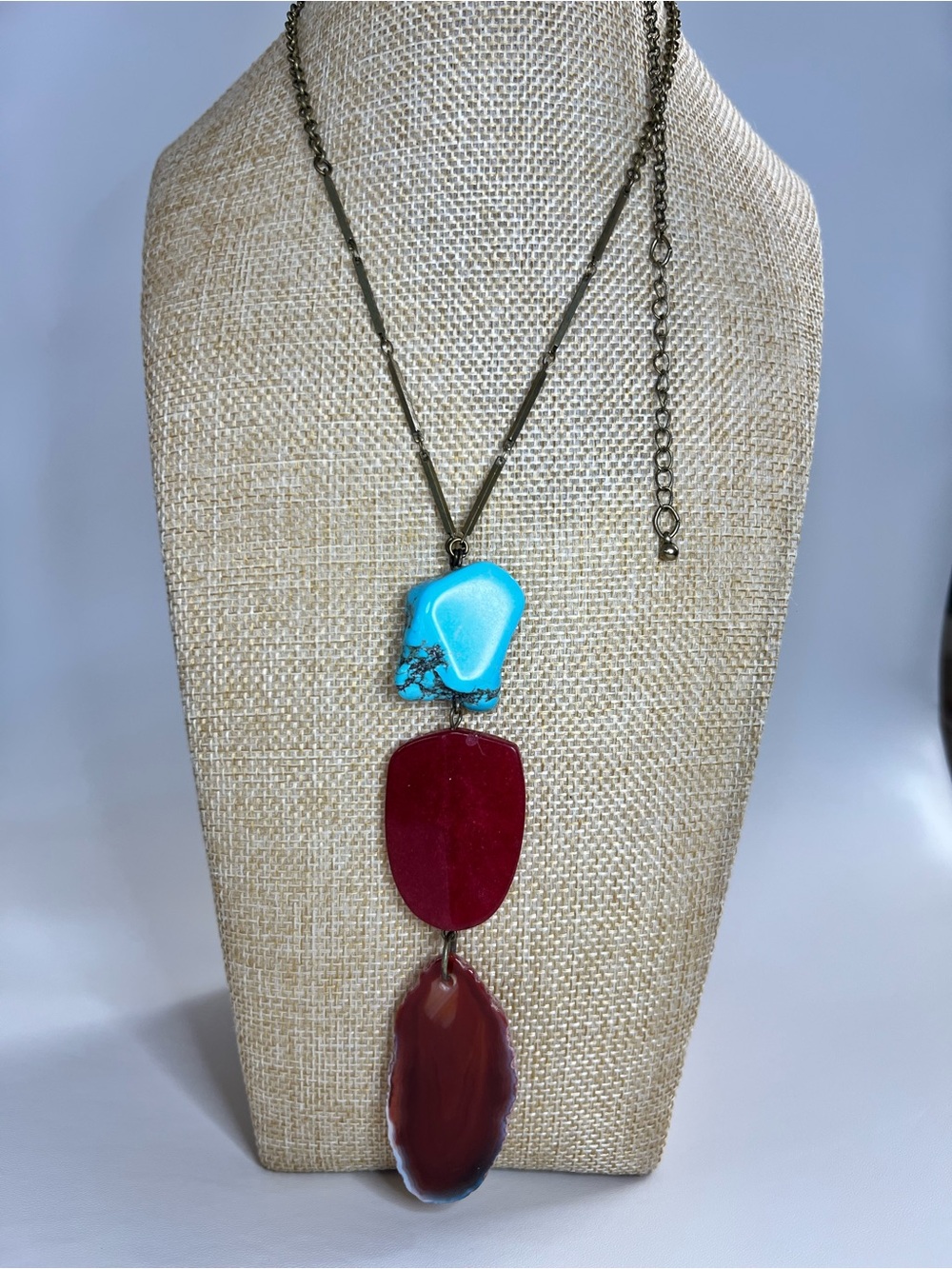 Brass tone turquoise coral & agate stone pendant Boho Y statement necklace